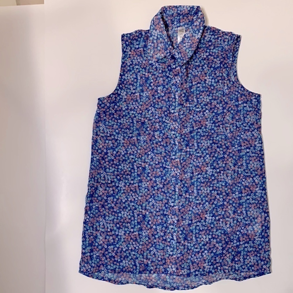 Ditsy Blue floral button down sleeveless blouse sheer Girls 7/8